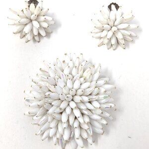 SOLDMid Century Torpedo Bead Brooch Earrings Set White AB coated cluster